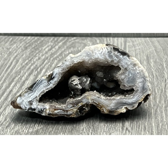 Amethyst Geode With Attached Pewter Wolf Inside Small - Picture 1 of 9